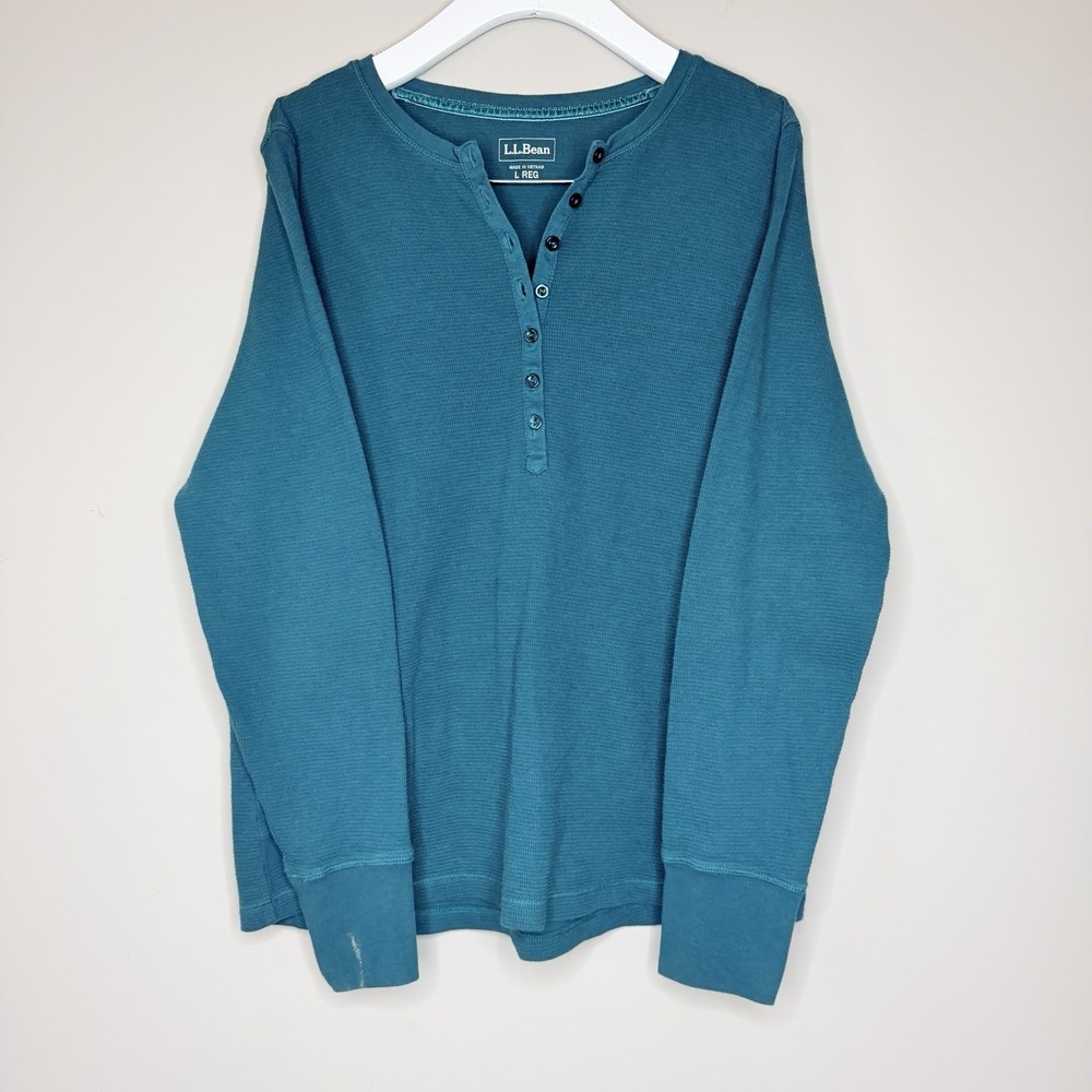 L.L Bean Shirt Womens Large Green Long Sleeve‎ Henley Thermal Waffle Knit Camp